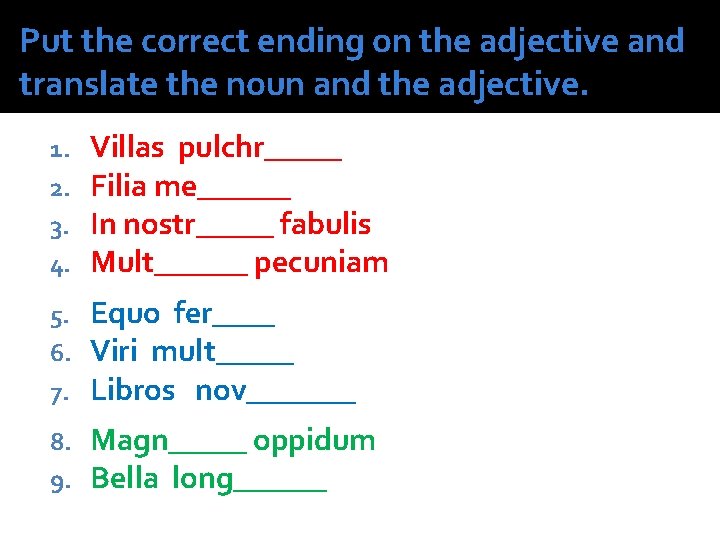 Put the correct ending on the adjective and translate the noun and the adjective.
