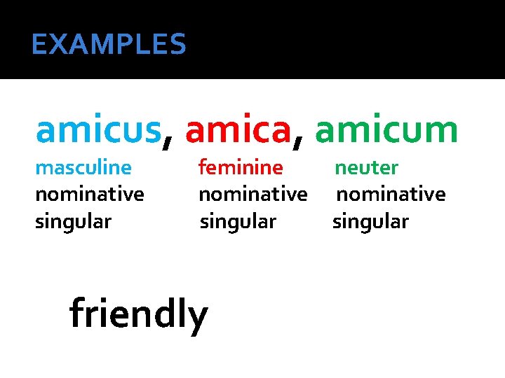 EXAMPLES amicus, amica, amicum masculine nominative singular feminine nominative singular friendly neuter nominative singular