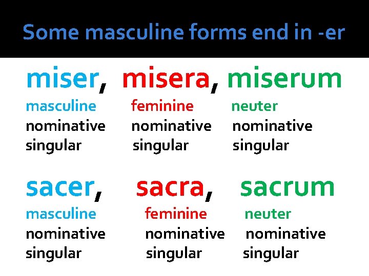 Some masculine forms end in -er miser, misera, miserum masculine nominative singular feminine nominative