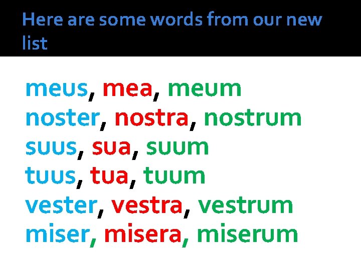 Here are some words from our new list meus, mea, meum noster, nostra, nostrum