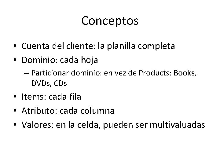 Conceptos • Cuenta del cliente: la planilla completa • Dominio: cada hoja – Particionar Conceptos • Cuenta del cliente: la planilla completa • Dominio: cada hoja – Particionar