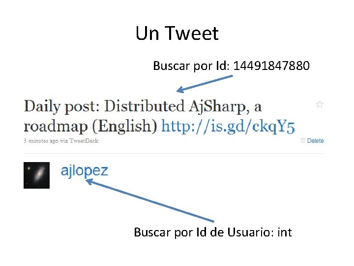 Un Tweet Buscar por Id: 14491847880 Buscar por Id de Usuario: int Un Tweet Buscar por Id: 14491847880 Buscar por Id de Usuario: int