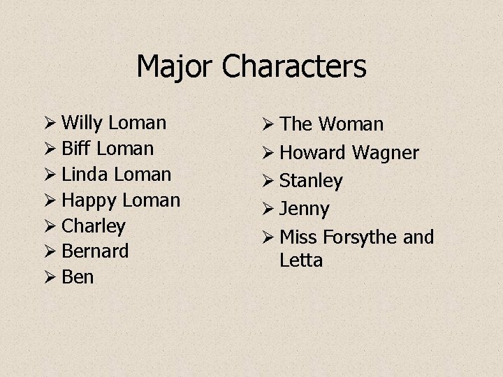 Major Characters Ø Willy Loman Ø Biff Loman Ø Linda Loman Ø Happy Loman