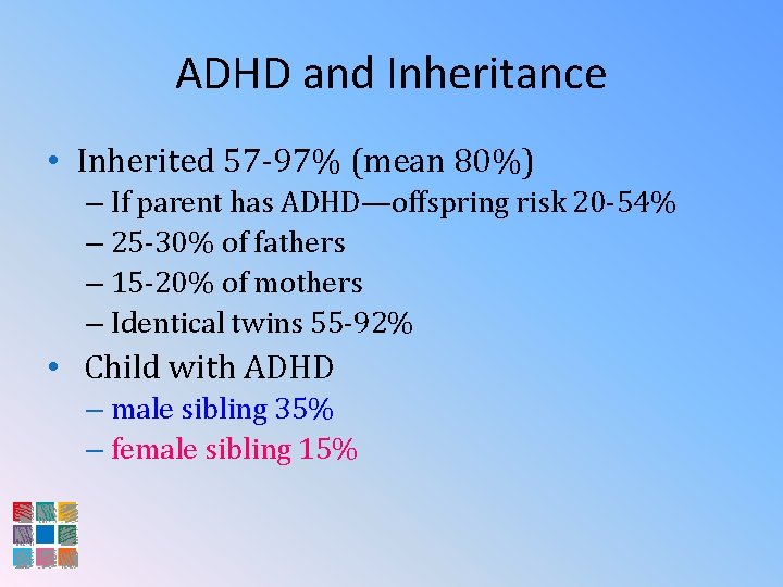 ADHD and Inheritance • Inherited 57 -97% (mean 80%) – If parent has ADHD—offspring