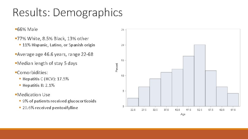 Results: Demographics § 66% Male § 77% White, 8. 5% Black, 13% other §