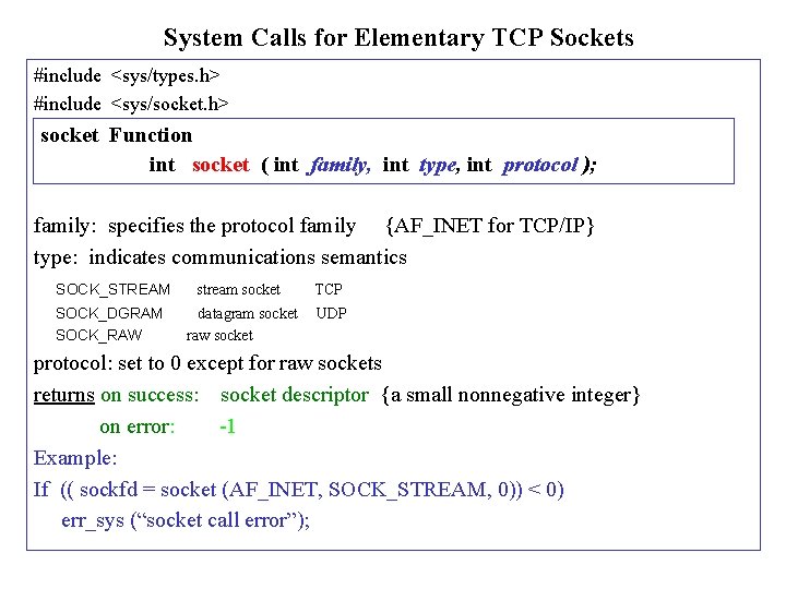 System Calls for Elementary TCP Sockets #include <sys/types. h> #include <sys/socket. h> socket Function