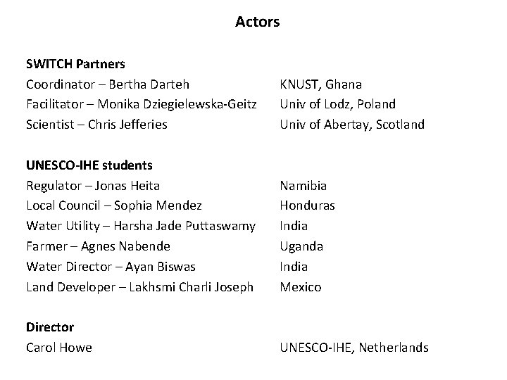 Actors SWITCH Partners Coordinator – Bertha Darteh Facilitator – Monika Dziegielewska-Geitz Scientist – Chris