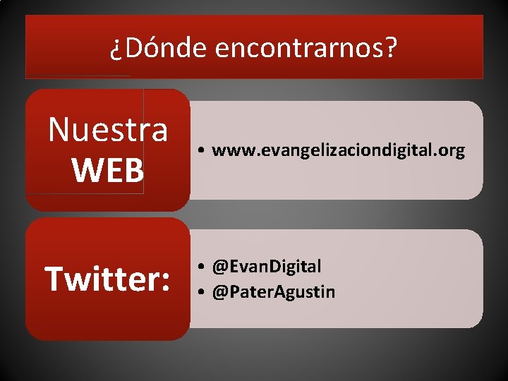 ¿Dónde encontrarnos? Nuestra WEB • www. evangelizaciondigital. org Twitter: • @Evan. Digital • @Pater.