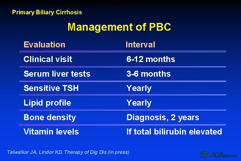 Management of PBC Primary Biliary Cirrhosis Management of PBC Evaluation Interval Clinical visit 6
