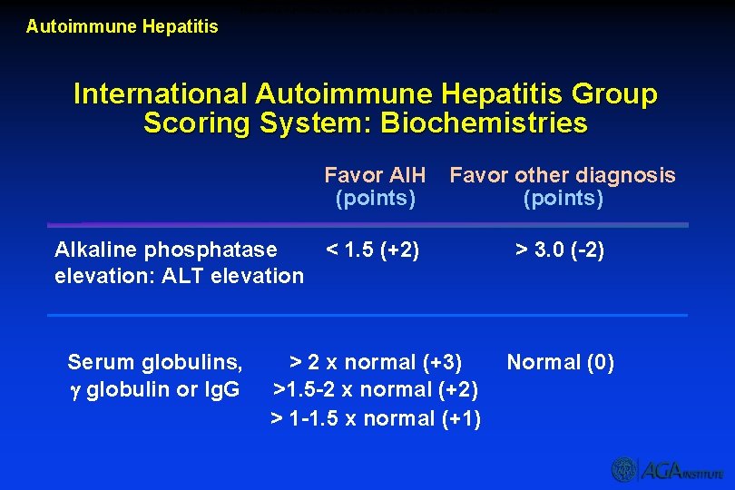 International Autoimmune Hepatitis Group Scoring System: Biochemistries Autoimmune Hepatitis International Autoimmune Hepatitis Group Scoring
