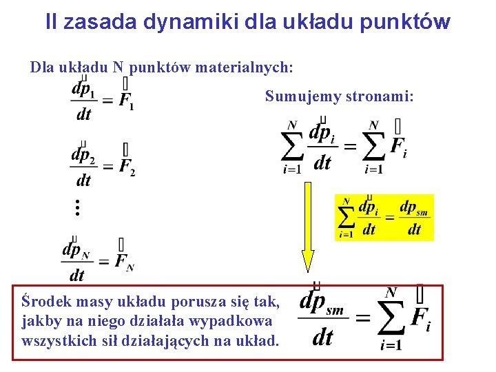 II zasada dynamiki dla układu punktów Dla układu N punktów materialnych: Sumujemy stronami: .