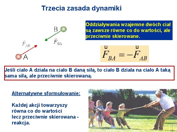 Trzecia zasada dynamiki Oddziaływania wzajemne dwóch ciał są zawsze równe co do wartości, ale