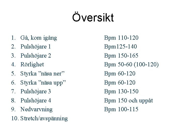 Översikt 1. Gå, kom igång 2. Pulshöjare 1 3. Pulshöjare 2 4. Rörlighet 5.