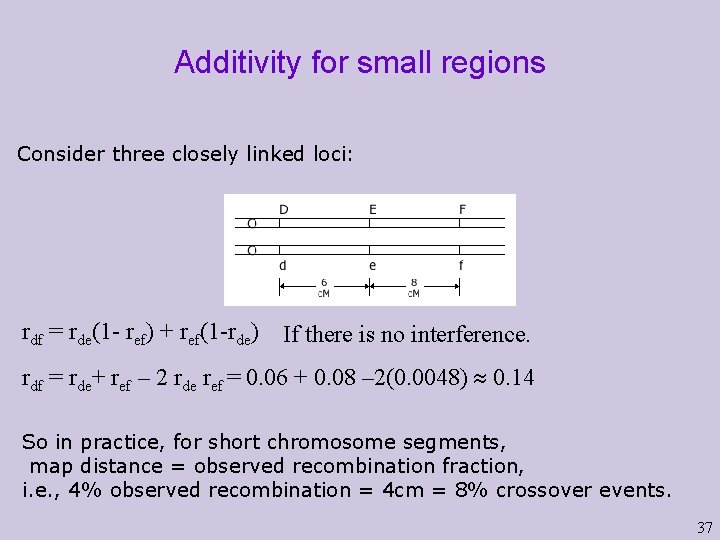 Additivity for small regions Consider three closely linked loci: rdf = rde(1 - ref)