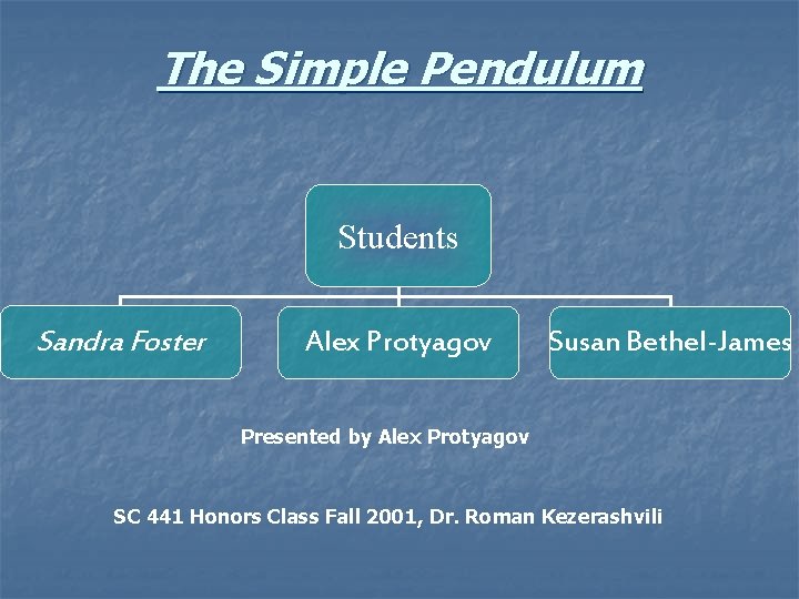 The Simple Pendulum Students Sandra Foster Alex Protyagov Susan Bethel-James Presented by Alex Protyagov