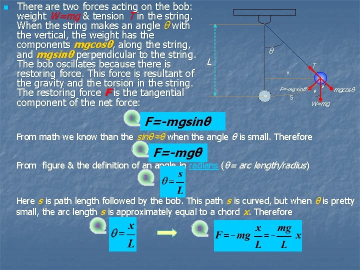 n There are two forces acting on the bob: weight W=mg & tension T n There are two forces acting on the bob: weight W=mg & tension T