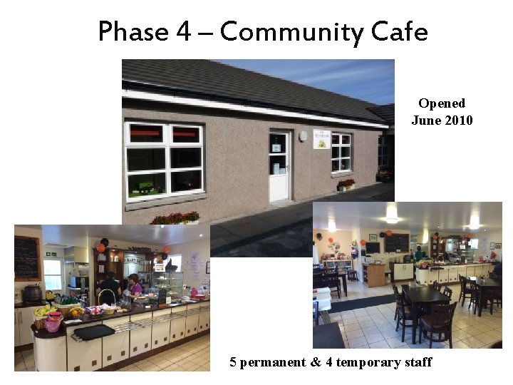 Phase 4 – Community Cafe Opened June 2010 5 permanent & 4 temporary staff