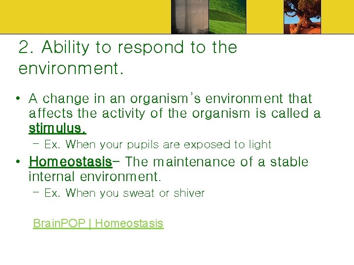 2. Ability to respond to the environment. • A change in an organism’s environment