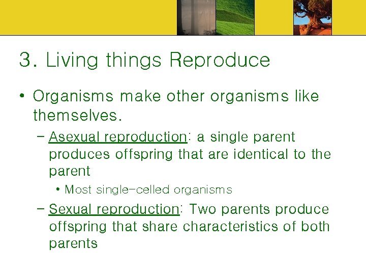 3. Living things Reproduce • Organisms make other organisms like themselves. – Asexual reproduction: