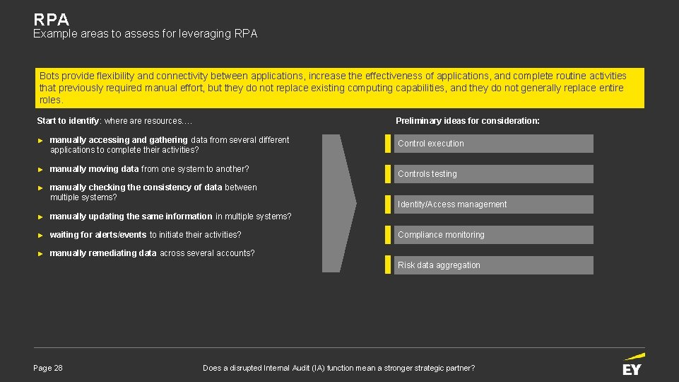 RPA Example areas to assess for leveraging RPA Bots provide flexibility and connectivity between