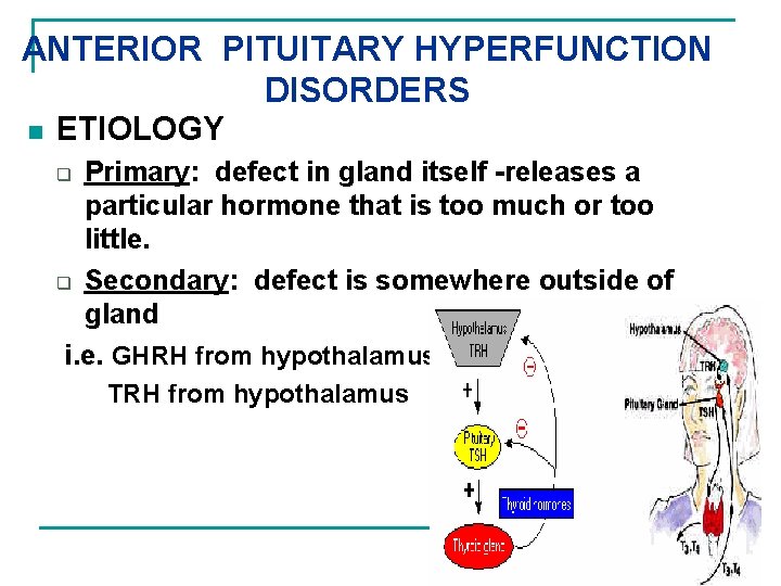 ANTERIOR PITUITARY HYPERFUNCTION DISORDERS n ETIOLOGY Primary: defect in gland itself -releases a particular