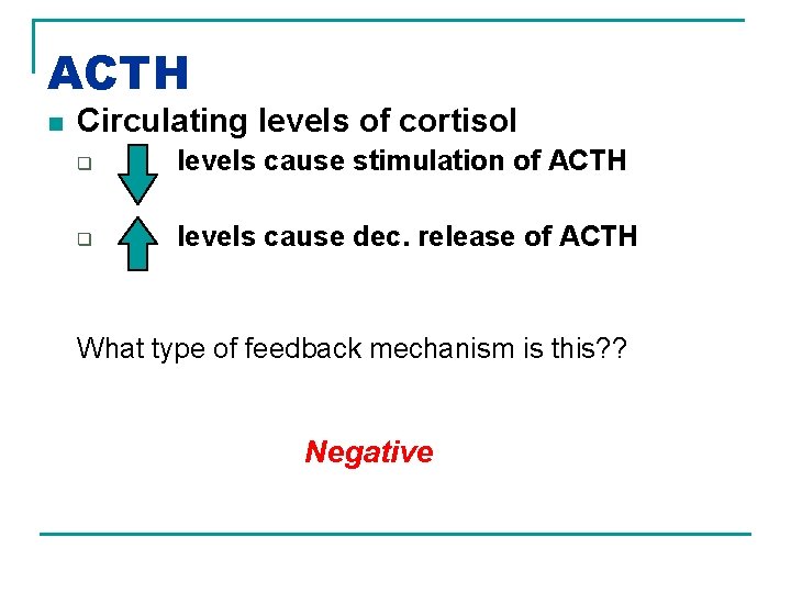 ACTH n Circulating levels of cortisol q levels cause stimulation of ACTH q levels