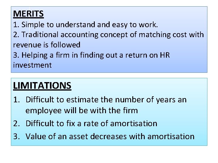 MERITS 1. Simple to understand easy to work. 2. Traditional accounting concept of matching