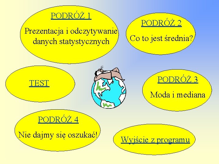 PODRÓŻ 1 Prezentacja i odczytywanie danych statystycznych TEST PODRÓŻ 2 Co to jest średnia?