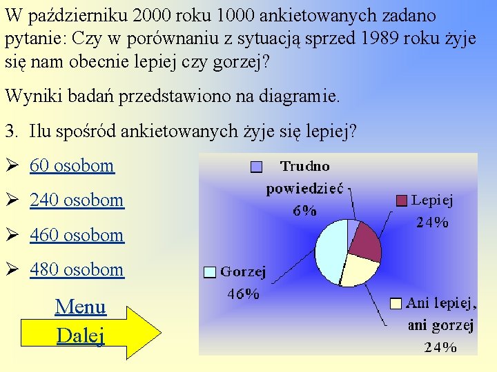 W październiku 2000 roku 1000 ankietowanych zadano pytanie: Czy w porównaniu z sytuacją sprzed