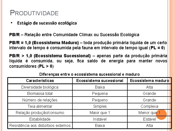 PRODUTIVIDADE • Estágio de sucessão ecológica PB/R – Relação entre Comunidade Clímax ou Sucessão