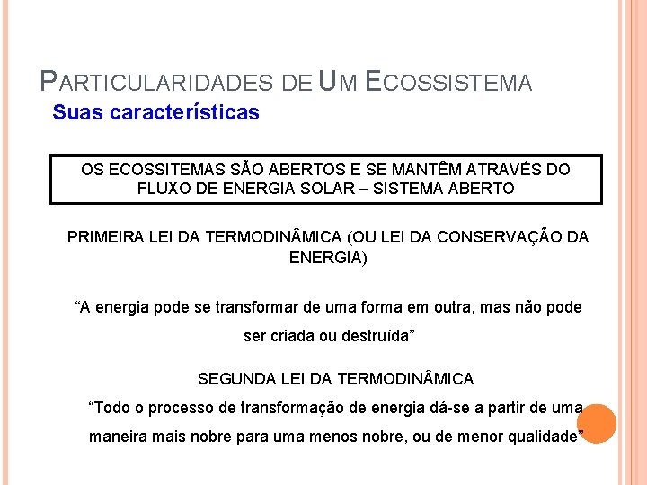 PARTICULARIDADES DE UM ECOSSISTEMA Suas características OS ECOSSITEMAS SÃO ABERTOS E SE MANTÊM ATRAVÉS