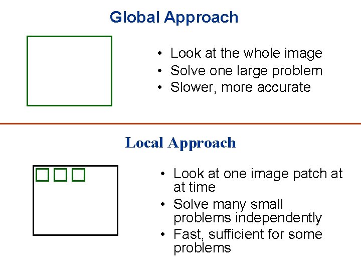 Global Approach • Look at the whole image • Solve one large problem •