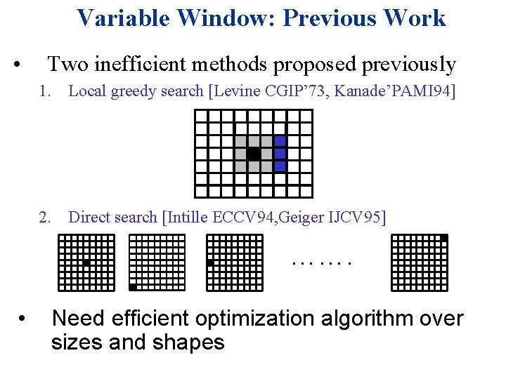 Variable Window: Previous Work • Two inefficient methods proposed previously 1. Local greedy search