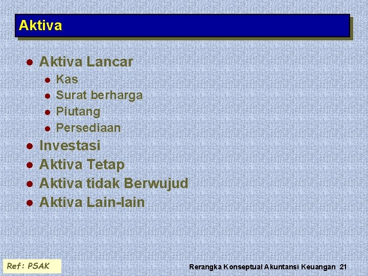 Aktiva l Aktiva Lancar l l l l Kas Surat berharga Piutang Persediaan Investasi