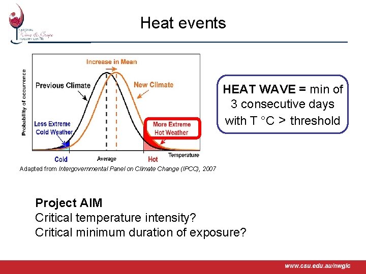 Heat events HEAT WAVE = min of 3 consecutive days with T °C >