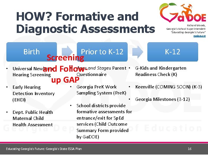 HOW? Formative and Diagnostic Assessments Birth • Prior to K-12 Screening • Ages and