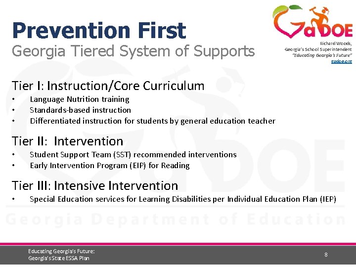 Prevention First Georgia Tiered System of Supports Richard Woods, Georgia’s School Superintendent “Educating Georgia’s