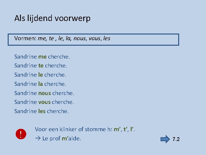 Als lijdend voorwerp Vormen: me, te , le, la, nous, vous, les Sandrine me