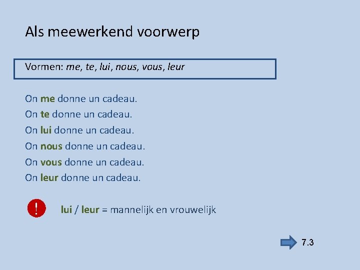 Als meewerkend voorwerp Vormen: me, te, lui, nous, vous, leur On me donne un