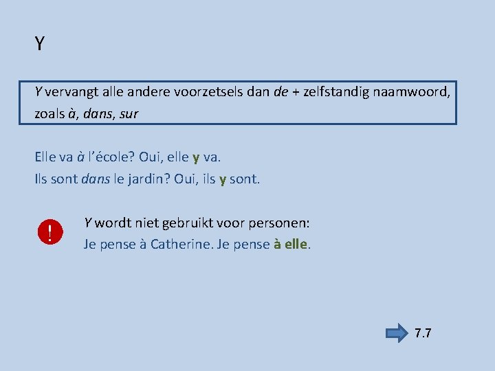 Y Y vervangt alle andere voorzetsels dan de + zelfstandig naamwoord, zoals à, dans,