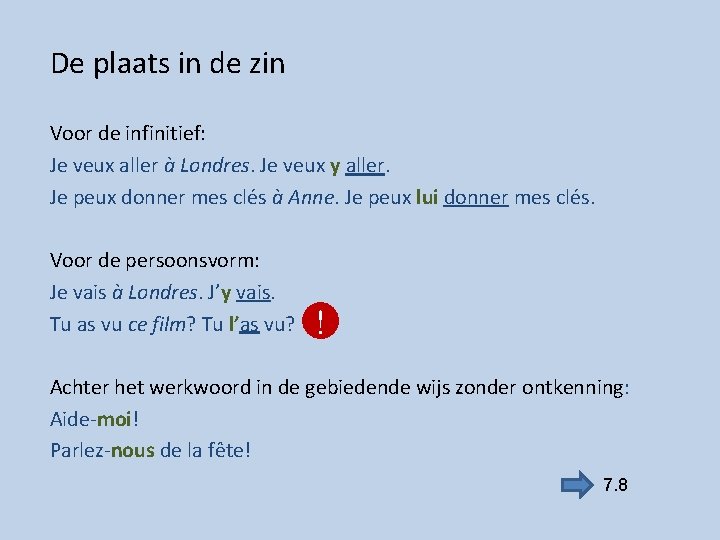 De plaats in de zin Voor de infinitief: Je veux aller à Londres. Je