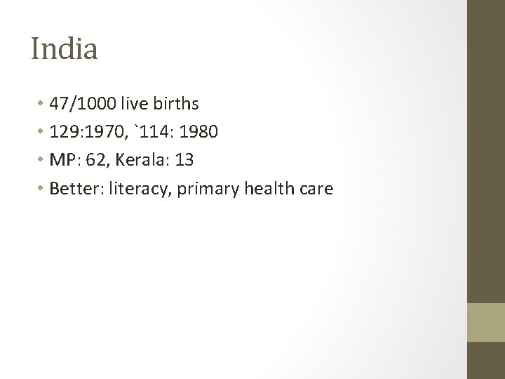 India • 47/1000 live births • 129: 1970, `114: 1980 • MP: 62, Kerala: