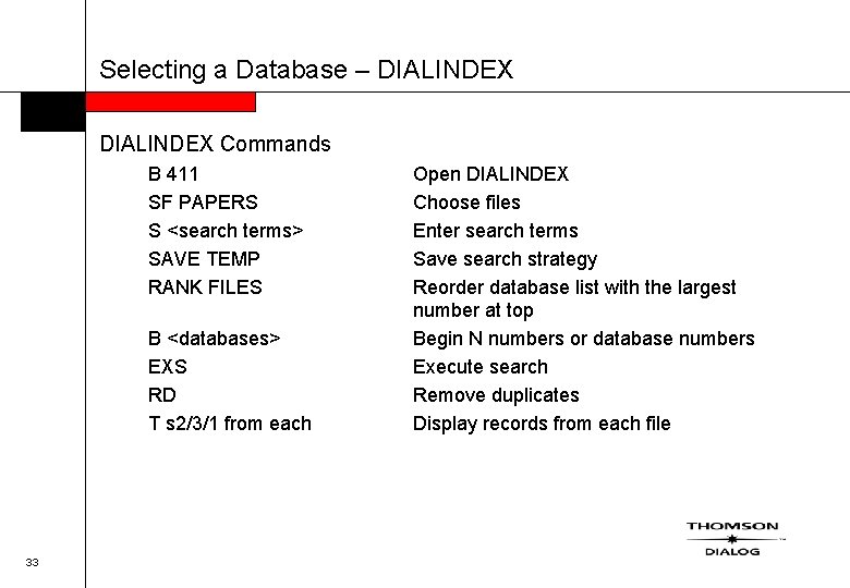 Selecting a Database – DIALINDEX Commands B 411 SF PAPERS S <search terms> SAVE