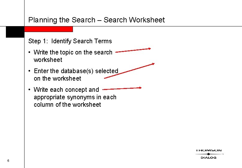 Planning the Search – Search Worksheet Step 1: Identify Search Terms • Write the