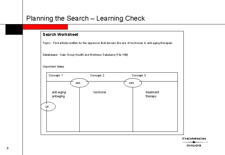 Planning the Search – Learning Check Search Worksheet Topic: Find articles written for the