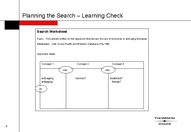 Planning the Search – Learning Check Search Worksheet Topic: Find articles written for the