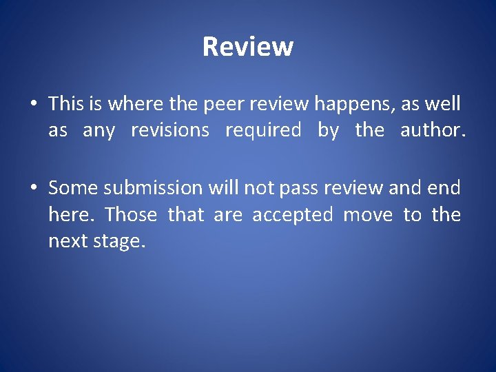 Review • This is where the peer review happens, as well as any revisions