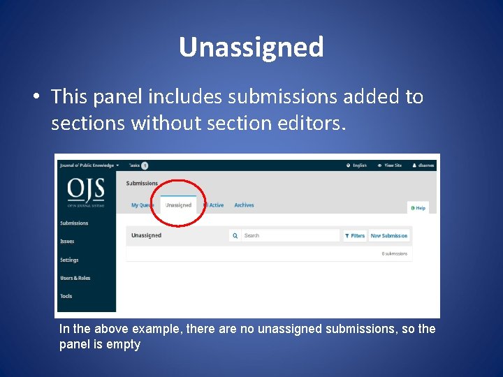 Unassigned • This panel includes submissions added to sections without section editors. In the