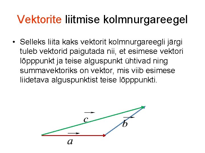 Vektorite liitmise kolmnurgareegel • Selleks liita kaks vektorit kolmnurgareegli järgi tuleb vektorid paigutada nii,