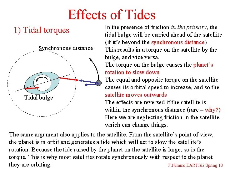 Effects of Tides 1) Tidal torques Synchronous distance Tidal bulge In the presence of Effects of Tides 1) Tidal torques Synchronous distance Tidal bulge In the presence of